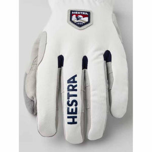 White and grey Hestra glove with brand logo patch and text