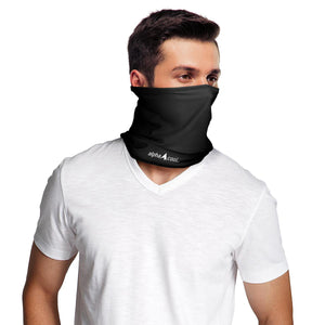 Man wearing a black AlphaCool neck gaiter with white logo