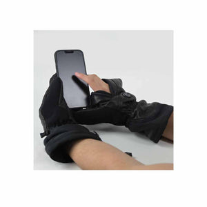 Seirus black heated gloves with exposed fingers using a smartphone