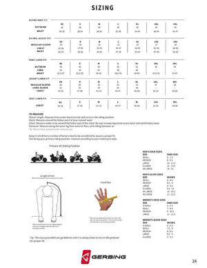 Gerbing sizing chart for apparel including pants jackets vests socks and gloves