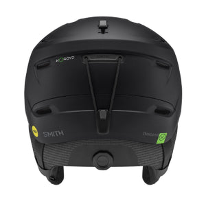 Rear view of a black Smith Descend ski helmet with goggle strap clip and adjustable dial