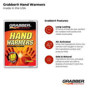 Grabber hand warmer packaging showing 10 hours of heat and air activated features
