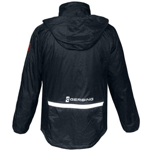 Back view of a black Gerbing hooded rain jacket with a reflective strip