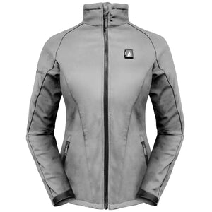 Grey softshell heated jacket with front zipper and logo on chest