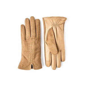 Hestra tan suede and leather gloves with decorative stitching