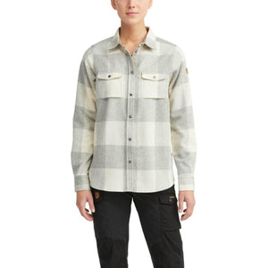 FjallRaven long sleeve button up shirt in grey and white plaid with two chest pockets