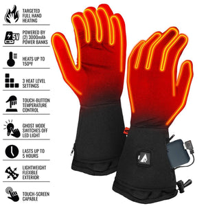 Heated gloves with feature list including full hand heating 3 heat levels and 5 hour battery life