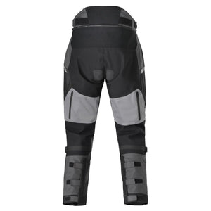 Tourmaster motorcycle pants in black and grey with zippered vents and adjustable leg straps