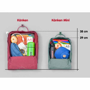 Comparison of Fjallraven Kanken and Kanken Mini backpacks showing height dimensions of 38 cm and 29 cm