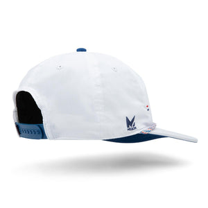 White Mission snapback hat with blue brim and rope detail