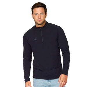 Man wearing a black Venture Heat long sleeve quarter zip shirt
