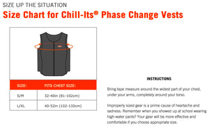 Chill-Its phase change vest size chart with chest measurements for small medium and large extra large sizes