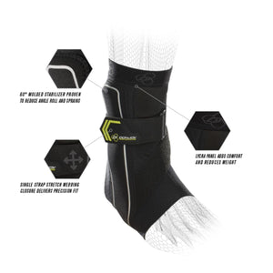 DonJoy ankle brace with molded stabilizer lycra panel and single strap stretch webbing closure