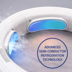 White wearable neck fan with blue cooling plates and mist output