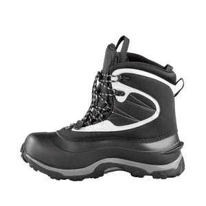 Black and white insulated winter boot with lace up closure and rubber sole
