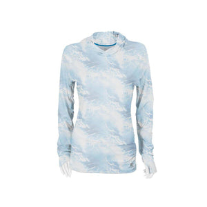 Mobile Cooling long sleeve hooded shirt with blue and white water pattern