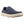 Korkers blue canvas slip on shoe with white rubber sole and K logo
