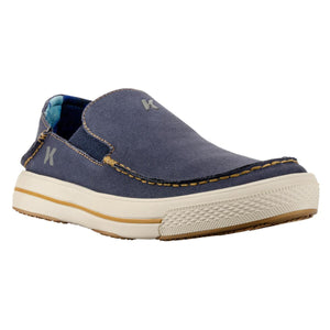 Korkers blue canvas slip on shoe with white rubber sole and K logo
