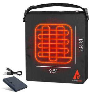 ActionHeat black heated seat cushion with dimensions 13.25 by 9.5 inches and included power bank