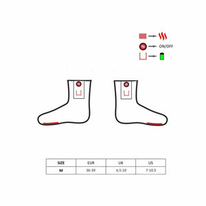 Diagram of heated socks with power button and battery indicators plus a size chart for medium