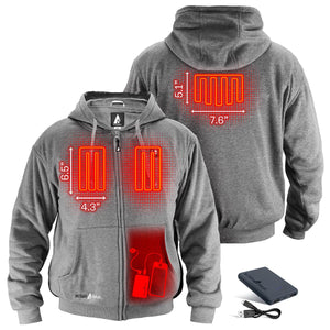 ActionHeat grey zip up hoodie showing heating element dimensions and battery pack