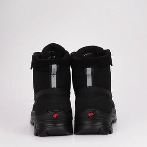 Back view of black waterproof winter boots with side zippers and reflective heel tabs