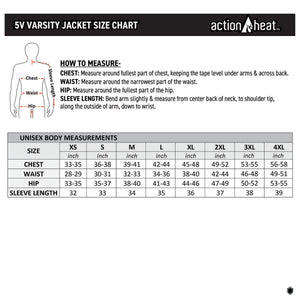 ActionHeat 5V varsity jacket size chart with measurement instructions and body measurement table