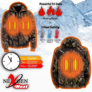 NexGen heated camo hoodie showing tri-zone heating panels, three temperature settings, and battery life duration
