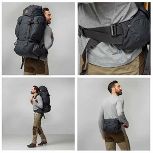 FjallRaven backpack worn by a man showing the main pack and detachable hip belt bag