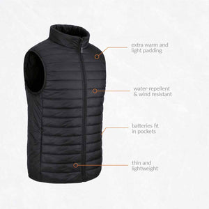 Black quilted vest with callouts for padding, water and wind resistance, battery pockets, and lightweight design