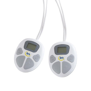 Two white Serta electric blanket controllers with digital displays and buttons for heat and timer settings