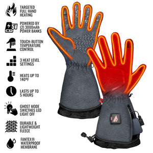ActionHeat grey fleece gloves with highlighted heating elements and feature list icons