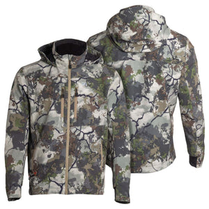 Mobile Warming hooded jacket in camouflage print shown from front and back