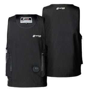 Front and back view of a black Venture Heat heated diving vest with zippered pockets and power control