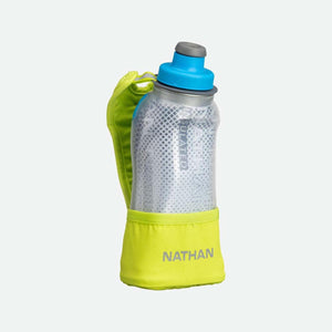 Nathan insulated handheld water bottle with lime green strap