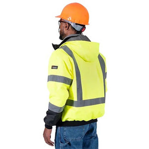 Worker wearing a Pioneer high visibility yellow hooded jacket with reflective stripes and an orange hard hat