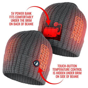 ActionHeat grey beanie showing power bank placement and touch button temperature control