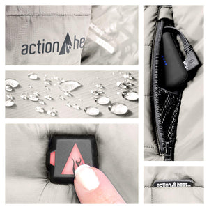 ActionHeat jacket features including water repellent fabric, battery pack in pocket, and power control button