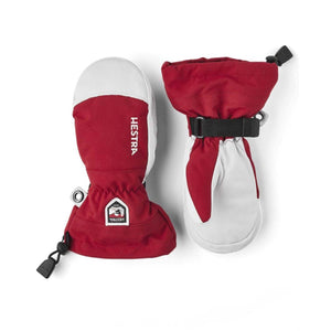 Hestra red and white winter mittens with adjustable wrist straps