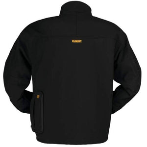 Back view of a black Dewalt softshell work jacket