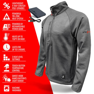 ActionHeat grey quarter zip heated jacket with power bank and feature list