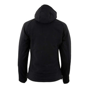 Back view of a black hooded softshell jacket