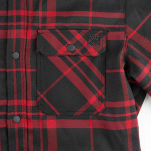 Mobile Warming red and black plaid flannel shirt chest pocket detail with snap buttons
