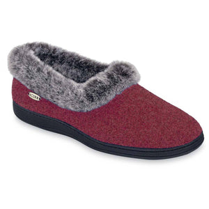 Acorn burgundy felt slipper with grey faux fur trim and black sole
