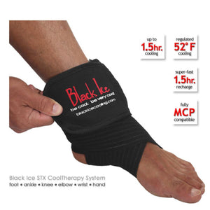 Black Ice STX CoolTherapy System wrap on an ankle with cooling performance specifications