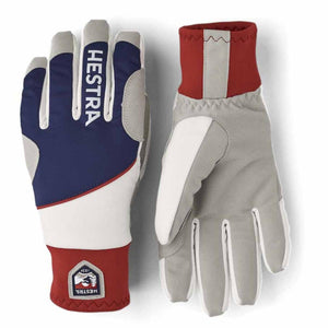 Hestra multi-colored athletic gloves with red cuffs and blue and white panels