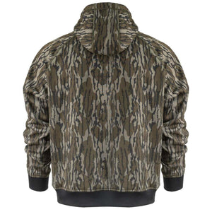 Back view of Mobile Warming hooded sweatshirt in camouflage print with black cuffs and hem