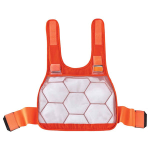Orange chest protector with white mesh panel and adjustable velcro straps