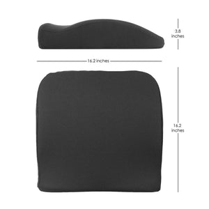 Top and side view of a dark grey seat cushion with dimensions labeled as 16.2 inches by 16.2 inches by 3.8 inches