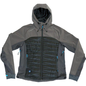 Volt Heat grey and black hooded softshell jacket with blue zipper accents